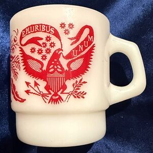 Vintage Fire King E. Pluribus Unum Mug Milk Glass with Red Design Made in USA